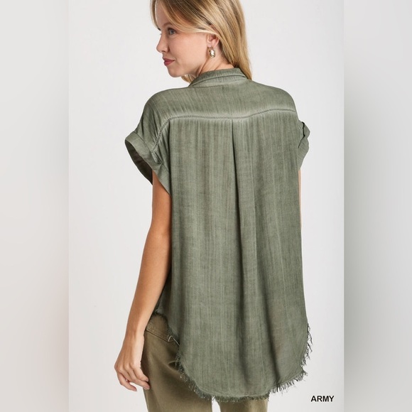 Umgee Size Small Army Mineral Wash Frayed Button Down Rayon Tunic Top - Picture 3 of 8